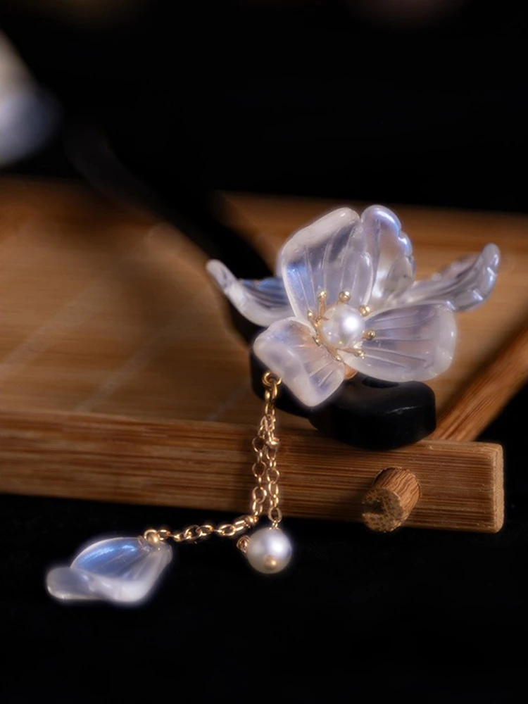 Women Wooden Hairpin Transparent Flower Hanfu Vintage Fairy Accessories