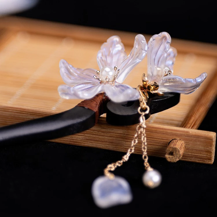 Women Wooden Hairpin Transparent Flower Hanfu Vintage Fairy Accessories