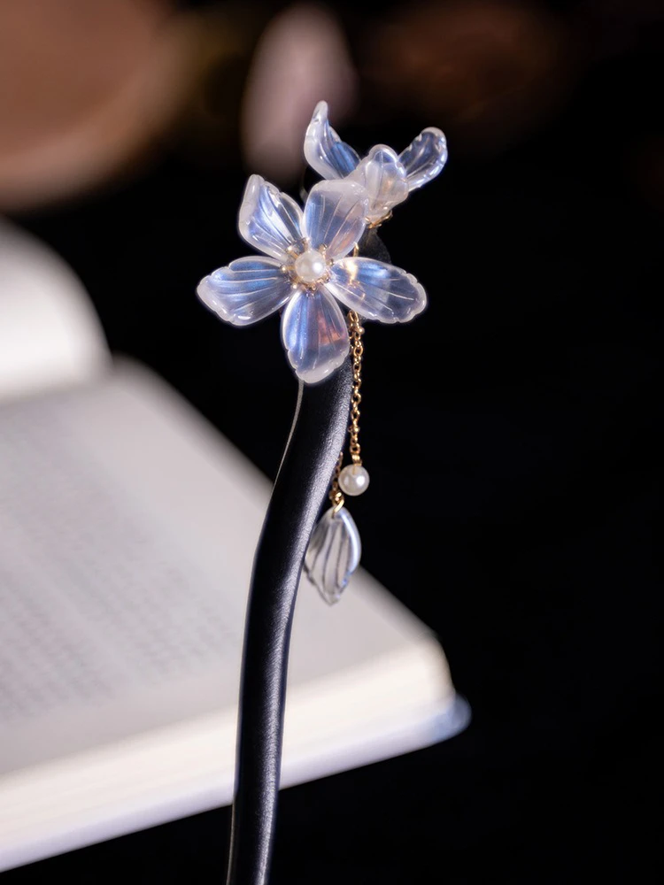 Women Wooden Hairpin Transparent Flower Hanfu Vintage Fairy Accessories