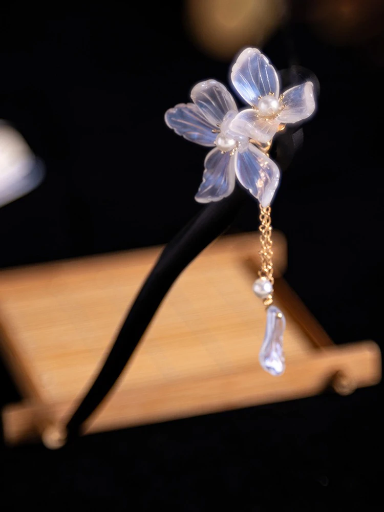 Women Wooden Hairpin Transparent Flower Hanfu Vintage Fairy Accessories