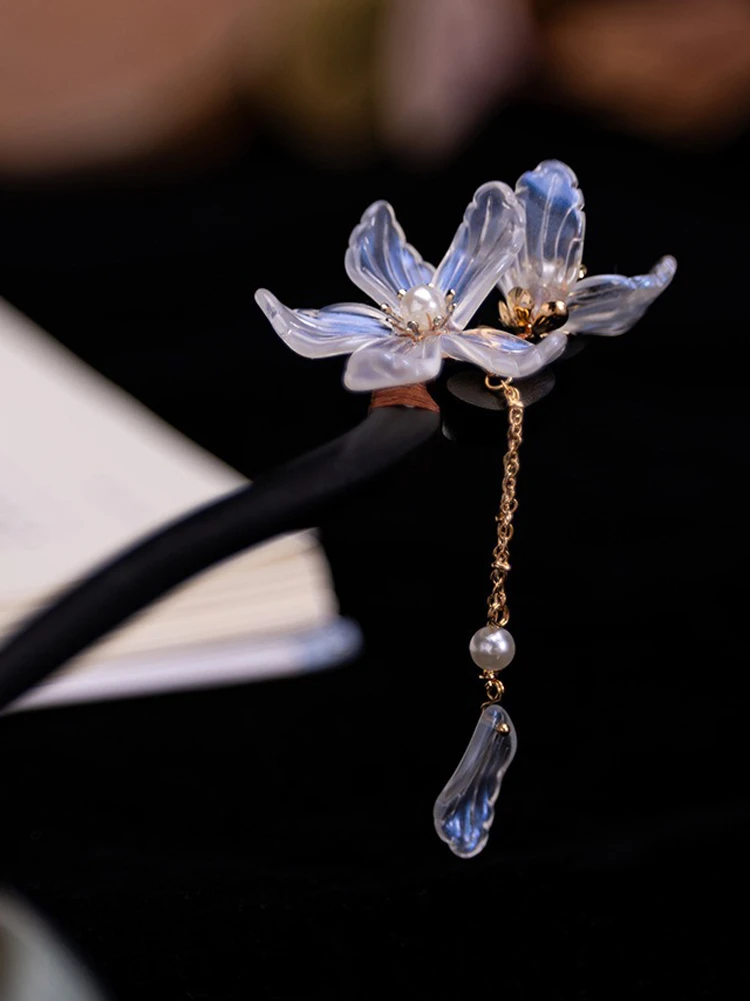 Women Wooden Hairpin Transparent Flower Hanfu Vintage Fairy Accessories