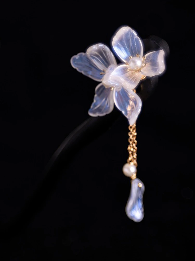 Women Wooden Hairpin Transparent Flower Hanfu Vintage Fairy Accessories