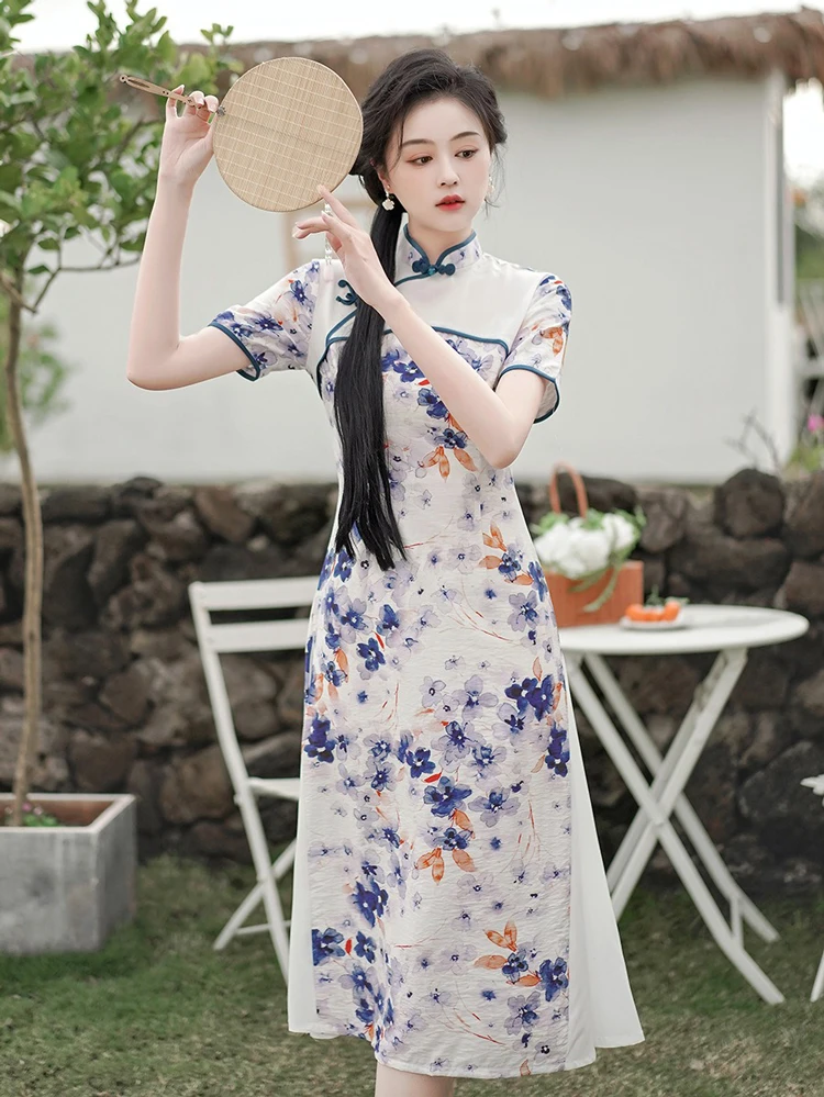 Chinese Dress Daily Blue Dress Fashion Breathable for Summer