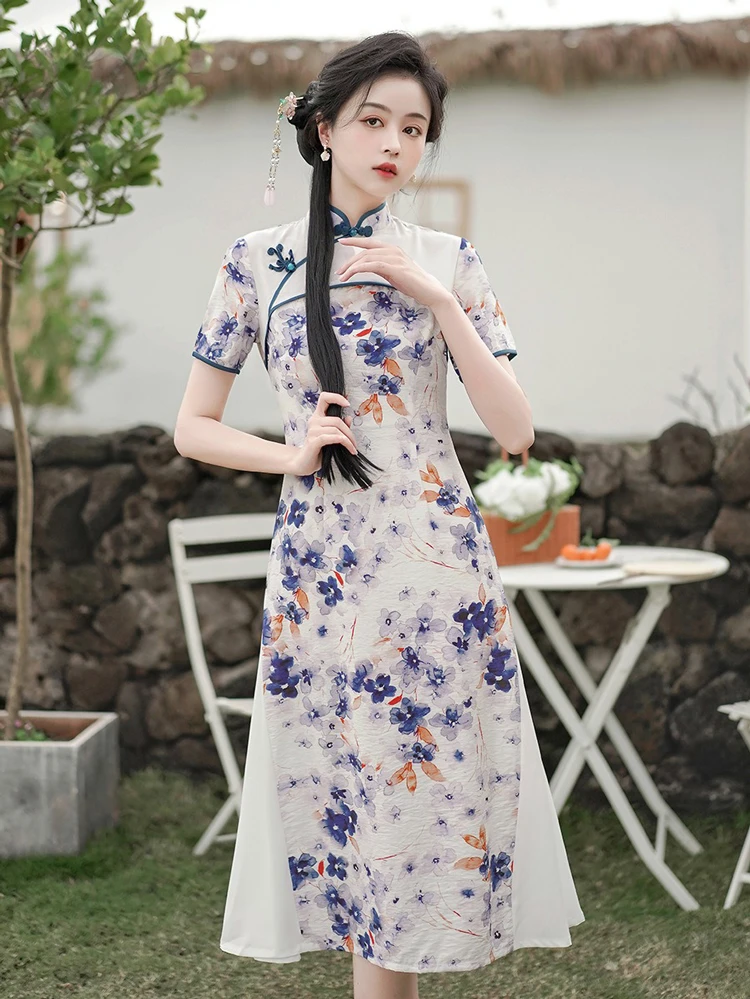 Chinese Dress Daily Blue Dress Fashion Breathable for Summer