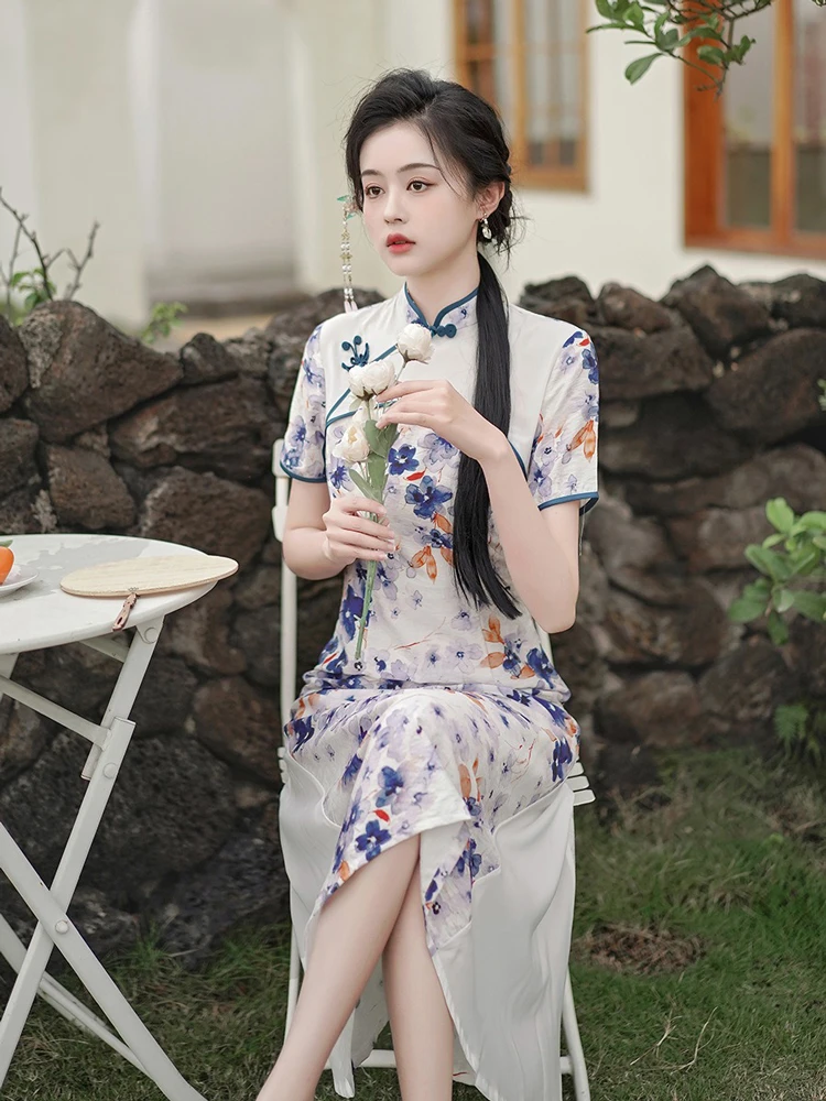 Chinese Dress Daily Blue Dress Fashion Breathable for Summer