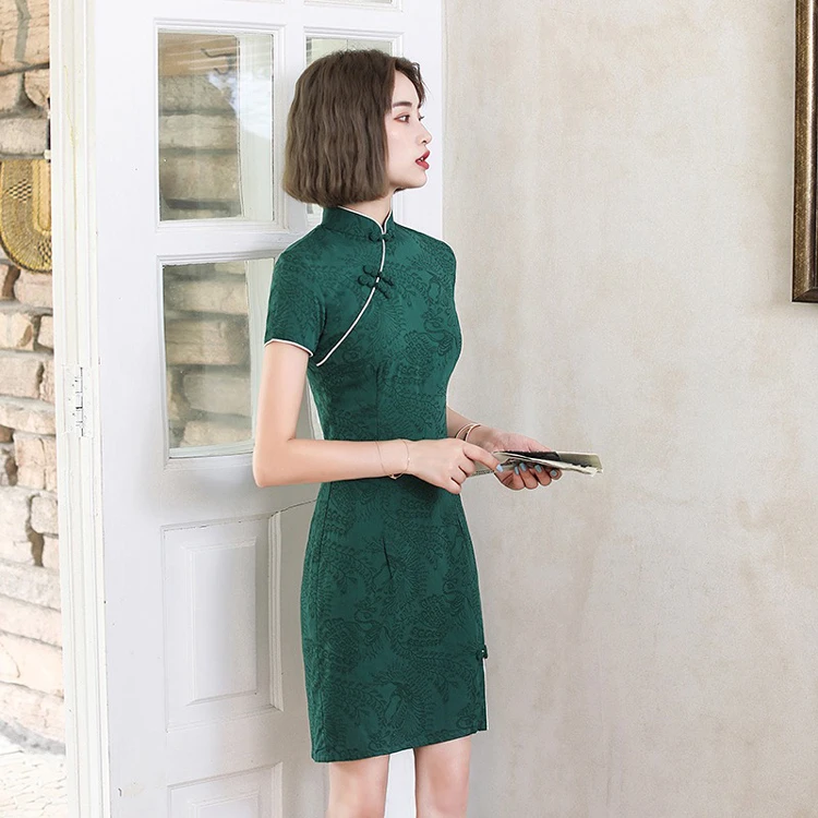 Fashion Short Cheongsam Green Slim Summer Dresses