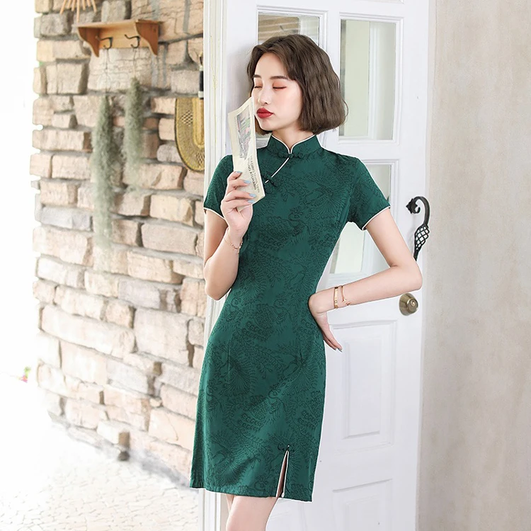 Fashion Short Cheongsam Green Slim Summer Dresses