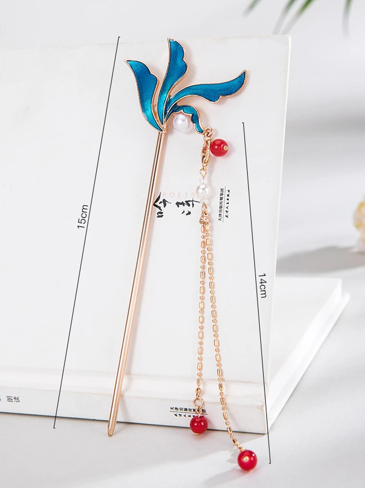 Hanfu Simple Hairpin Blue Headdress Tassel Ancient Style Accessories