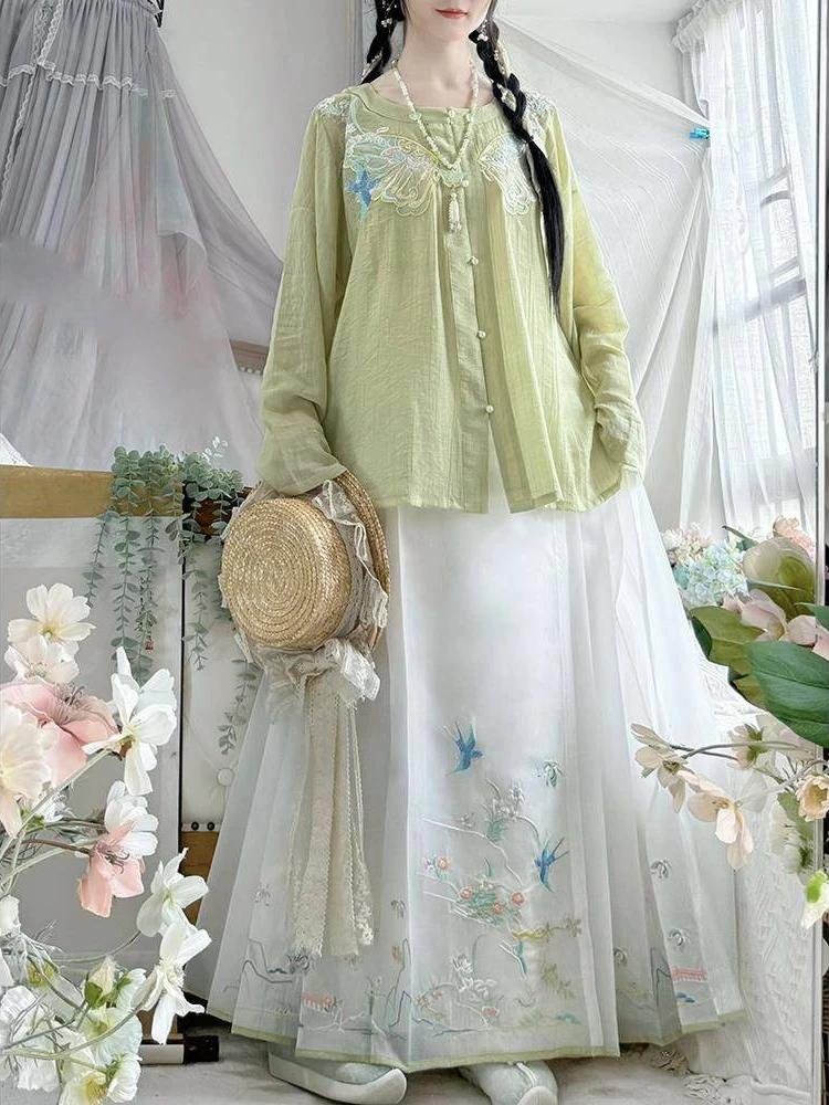 Ming Dynasty Hanfu Women Embroidered Round Neck Shirt Ma Mian Skirt Breathable Daily