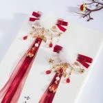 Red Hairball Hairclips Ribbon Tassel Plush Hanfu Cute Headdresses