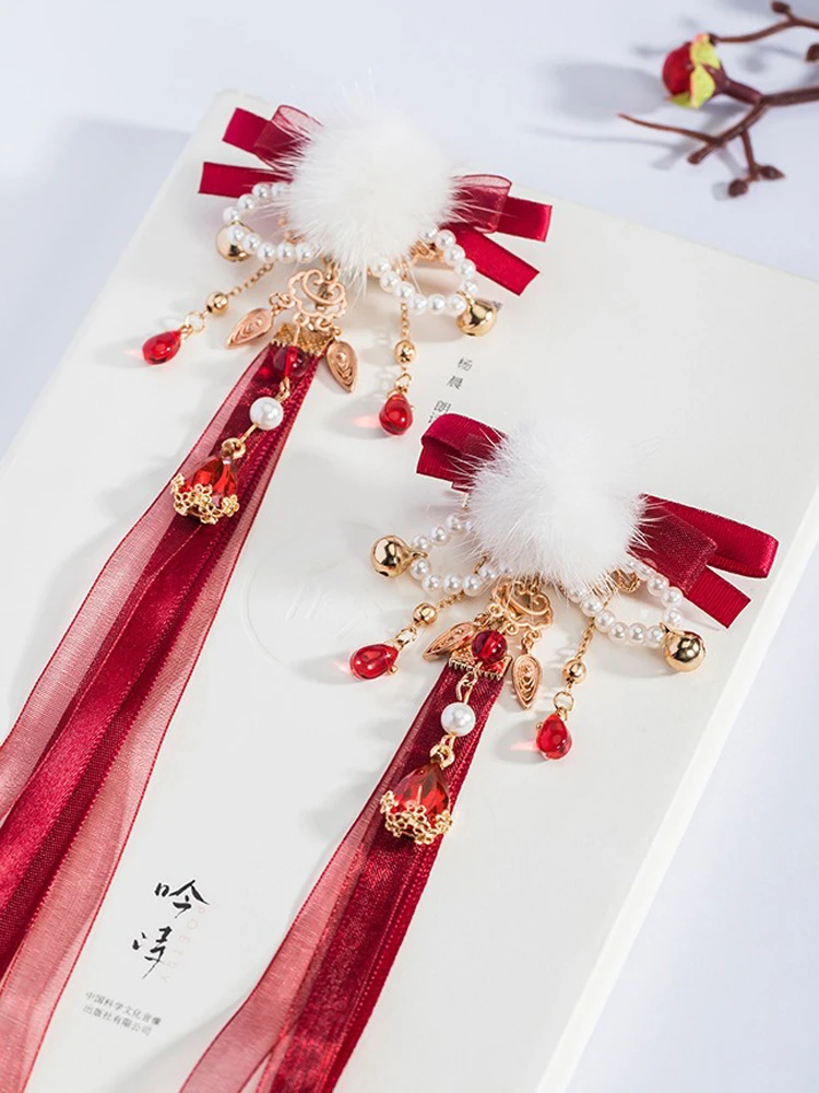 Red Hairball Hairclips Ribbon Tassel Plush Hanfu Cute Headdresses