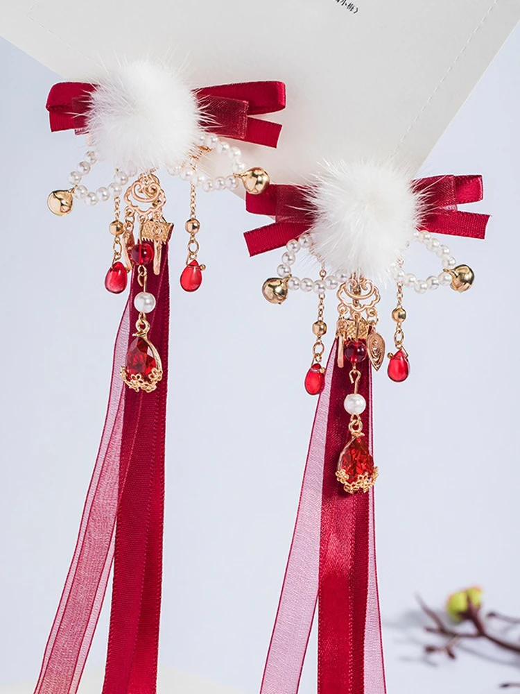 Red Hairball Hairclips Ribbon Tassel Plush Hanfu Cute Headdresses