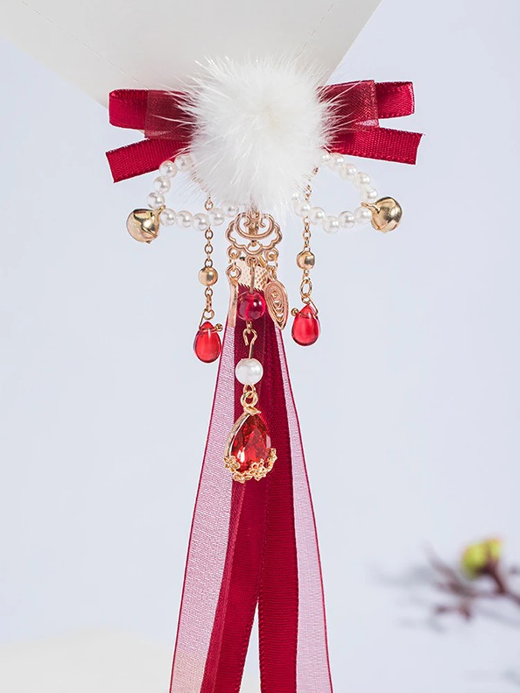 Red Hairball Hairclips Ribbon Tassel Plush Hanfu Cute Headdresses