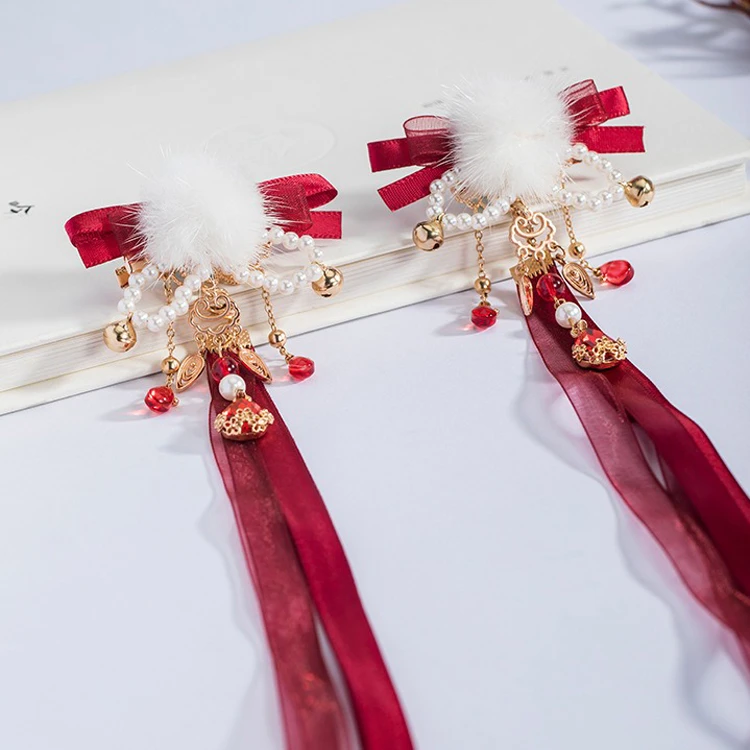 Red Hairball Hairclips Ribbon Tassel Plush Hanfu Cute Headdresses