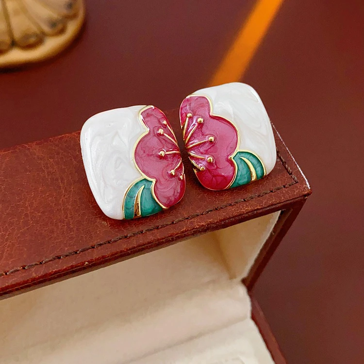 Square Earrings Women's Flower Earrings Vintage Decoration