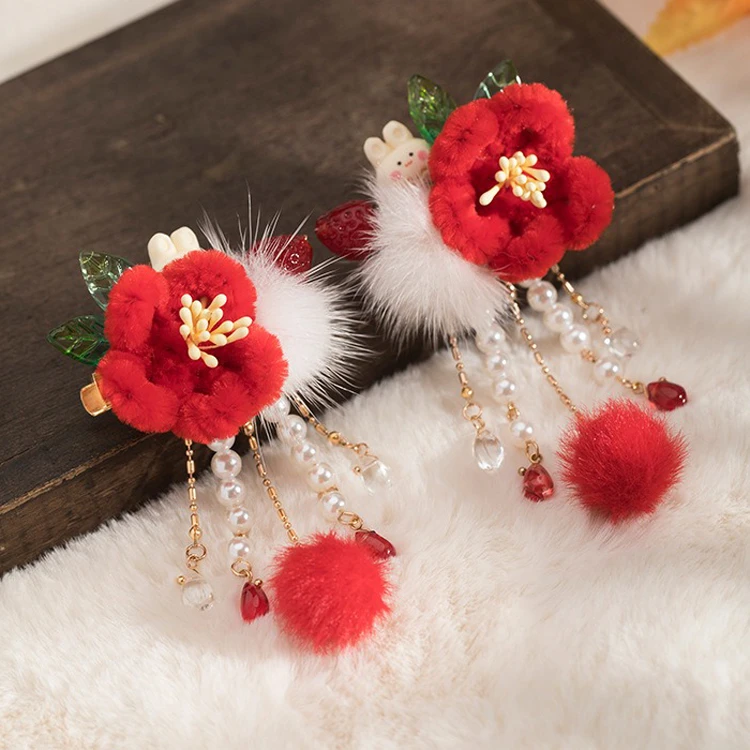 Ancient Style Hairball Hair Clip New Year Headdress Children Red Jewelry