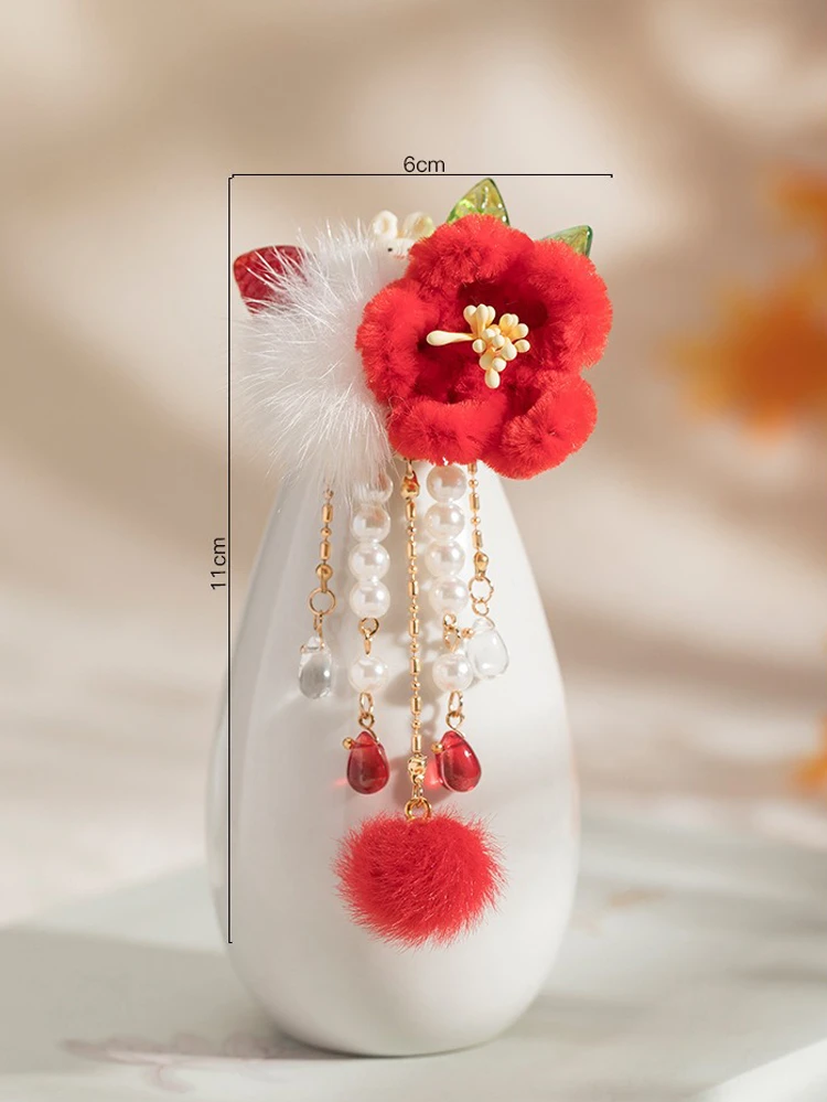 Ancient Style Hairball Hair Clip New Year Headdress Children Red Jewelry