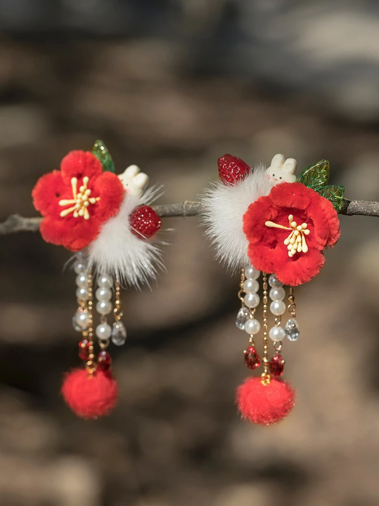 Ancient Style Hairball Hair Clip New Year Headdress Children Red Jewelry