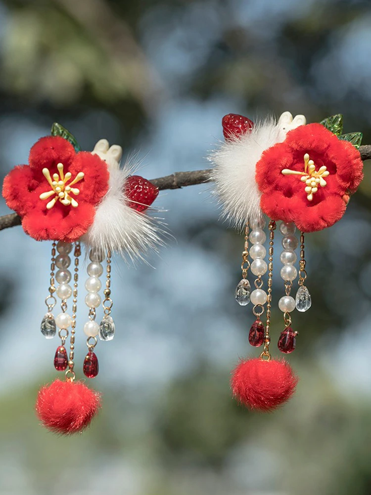 Ancient Style Hairball Hair Clip New Year Headdress Children Red Jewelry