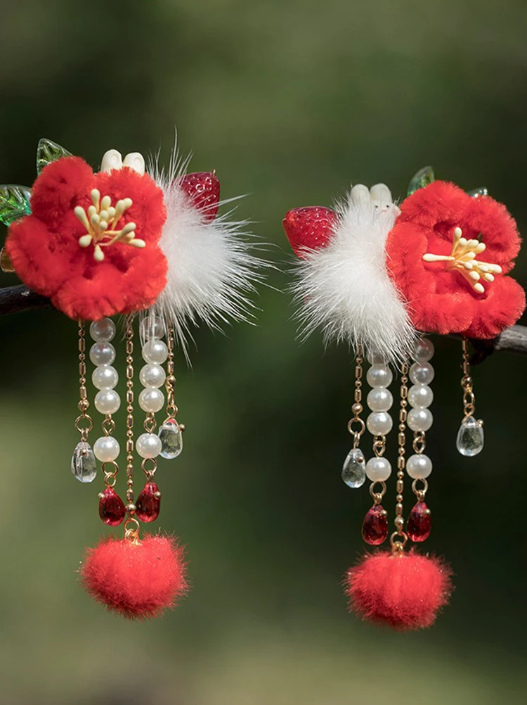 Ancient Style Hairball Hair Clip New Year Headdress Children Red Jewelry