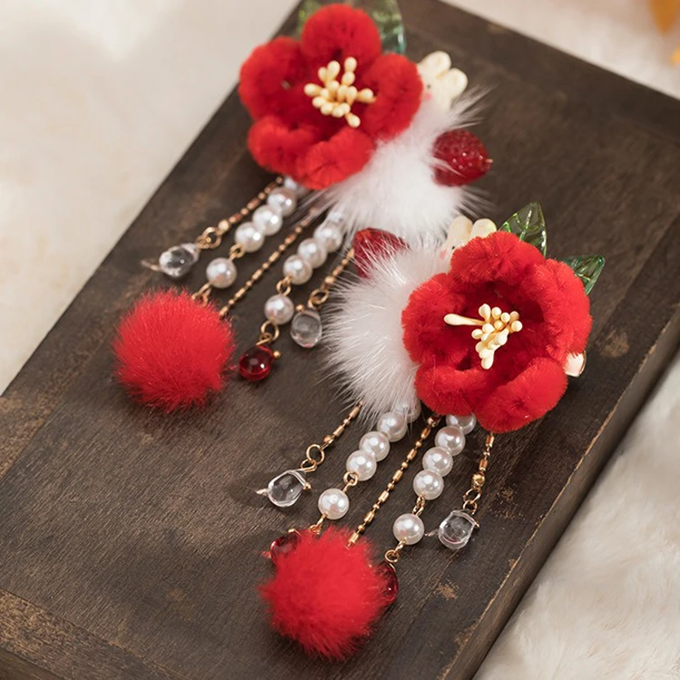 Ancient Style Hairball Hair Clip New Year Headdress Children Red Jewelry