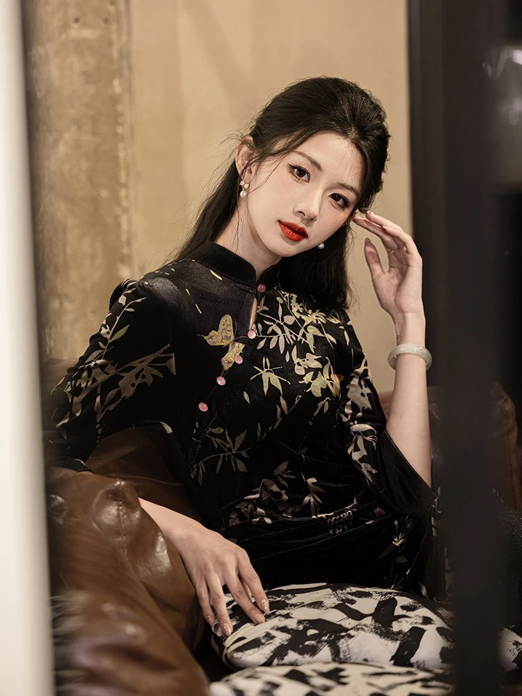 Autumn Long Sleeve High-end Cheongsam Retro Quality Fishtail Skirt