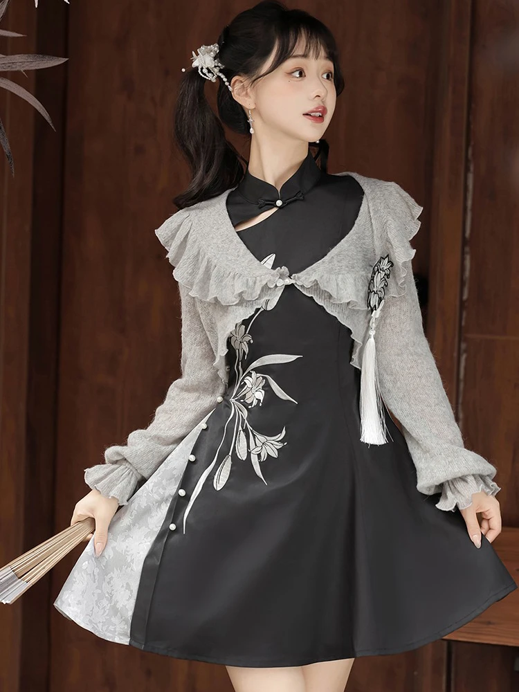 Ladies Daily Han Element Chinese Style Dress Set For Autumn