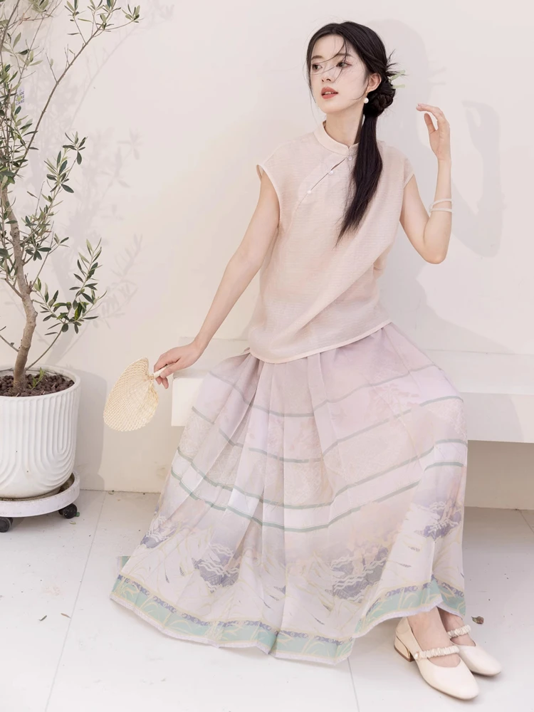 Ladies Fashion Hanfu Ming Short Shirt Ma Mian Skirt Summer Pink