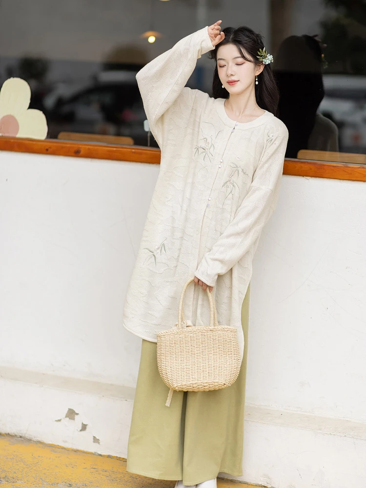 Ming Dynasty Round Neck Long Shirt Autumn Casual Modified Songku Suit 