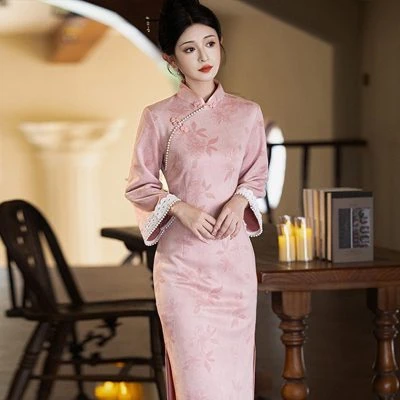 Pink Cheongsam New Ladies Slim Daily Autumn Dresses