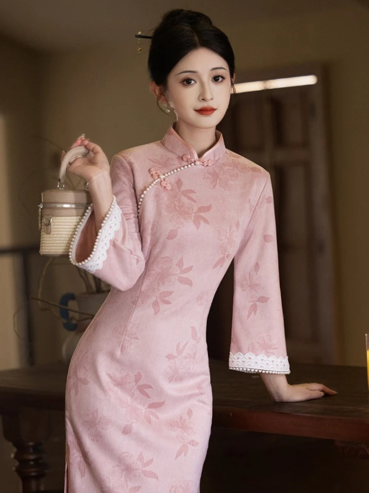 Pink Cheongsam New Ladies Slim Daily Autumn Dresses