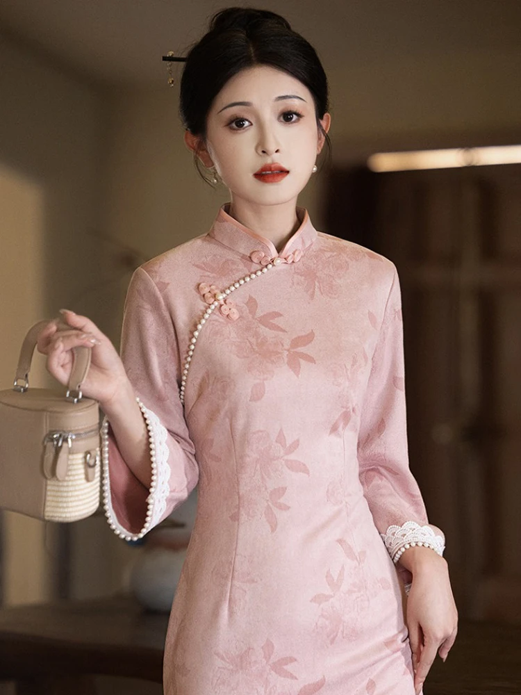 Pink Cheongsam New Ladies Slim Daily Autumn Dresses