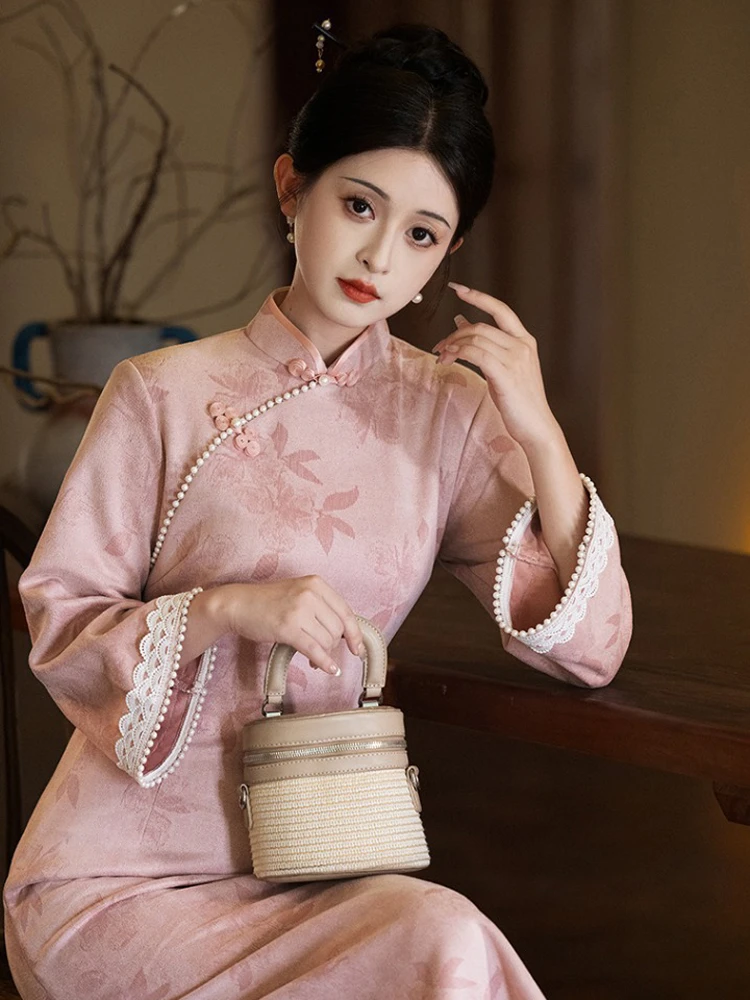 Pink Cheongsam New Ladies Slim Daily Autumn Dresses