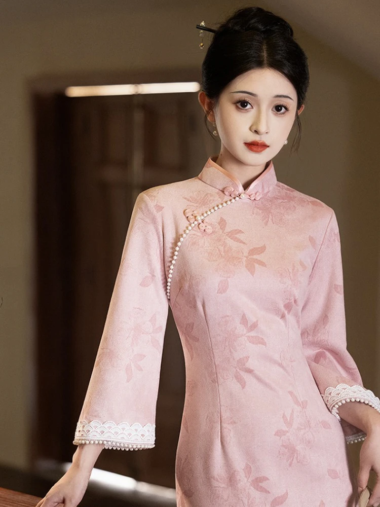 Pink Cheongsam New Ladies Slim Daily Autumn Dresses