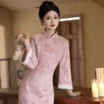 Pink Cheongsam New Ladies Slim Daily Autumn Dresses