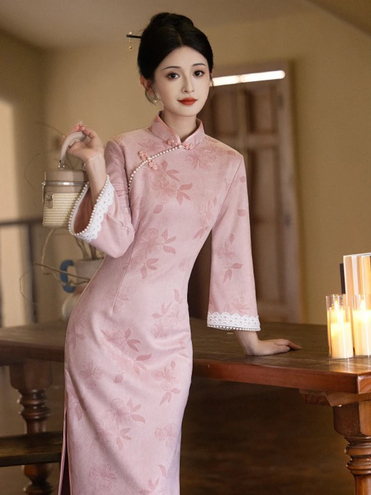 Pink Cheongsam New Ladies Slim Daily Autumn Dresses