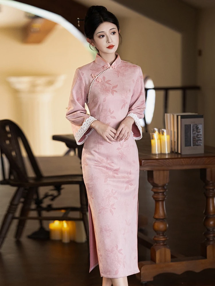 Pink Cheongsam New Ladies Slim Daily Autumn Dresses