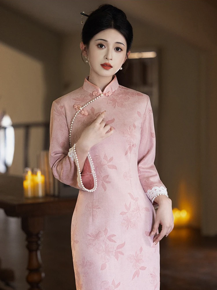 Pink Cheongsam New Ladies Slim Daily Autumn Dresses