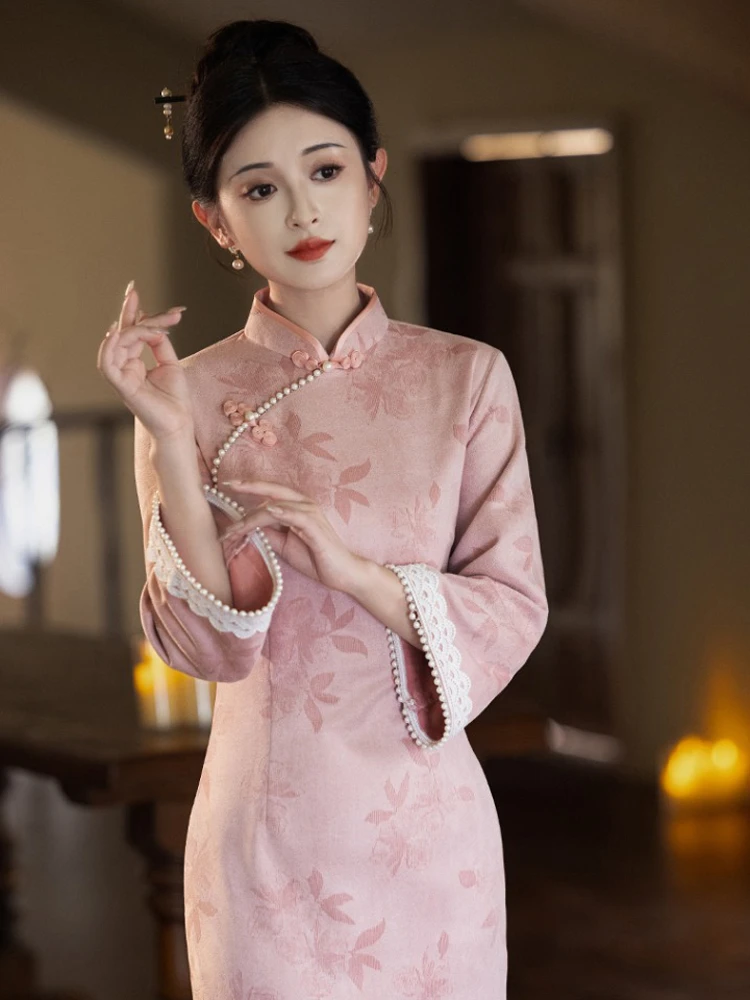 Pink Cheongsam New Ladies Slim Daily Autumn Dresses