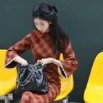 Women Autumn Cheongsam Red Plaid Style Large Sleeve Girls Slim Qipao Dresses