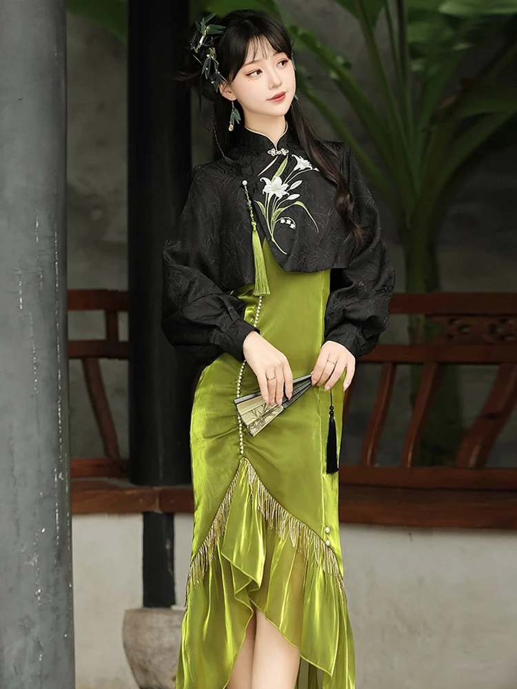 Women Autumn Qipao Dresses Daily Vintage Fishtail Dresses 