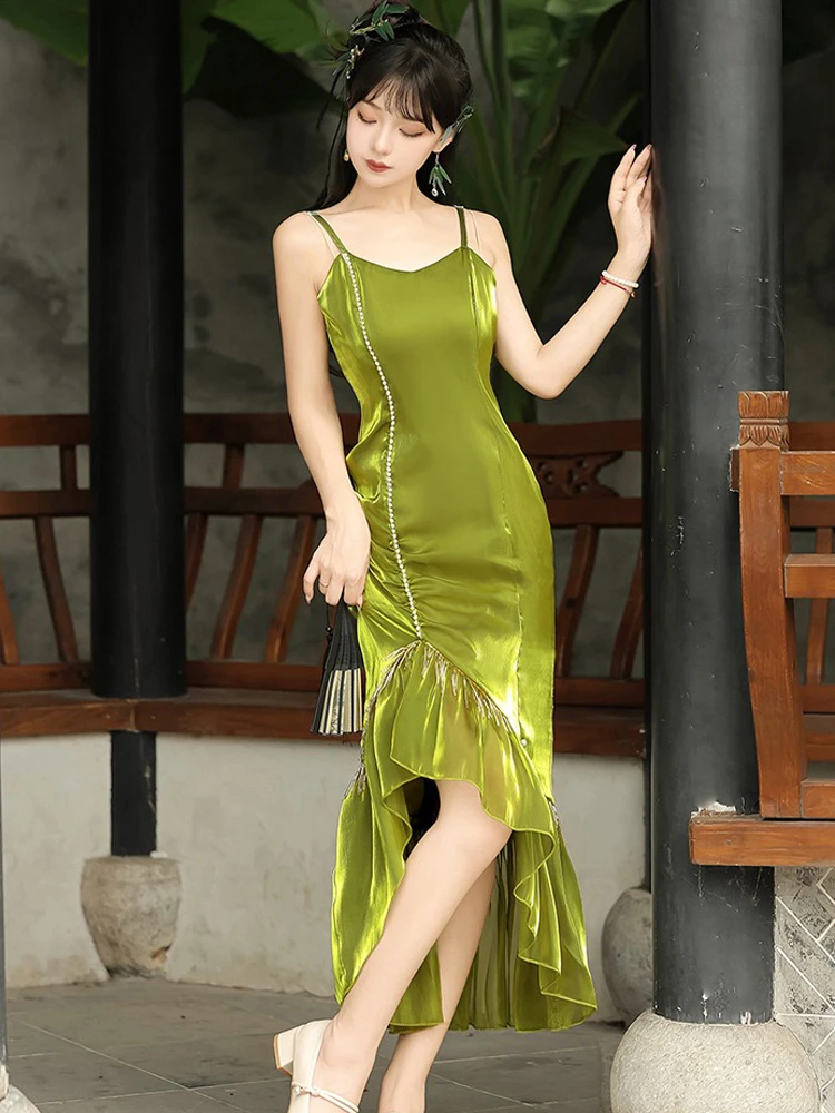 Women Autumn Qipao Dresses Daily Vintage Fishtail Dresses 