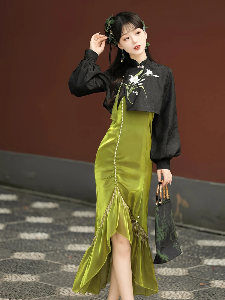 Women Autumn Qipao Dresses Daily Vintage Fishtail Dresses 