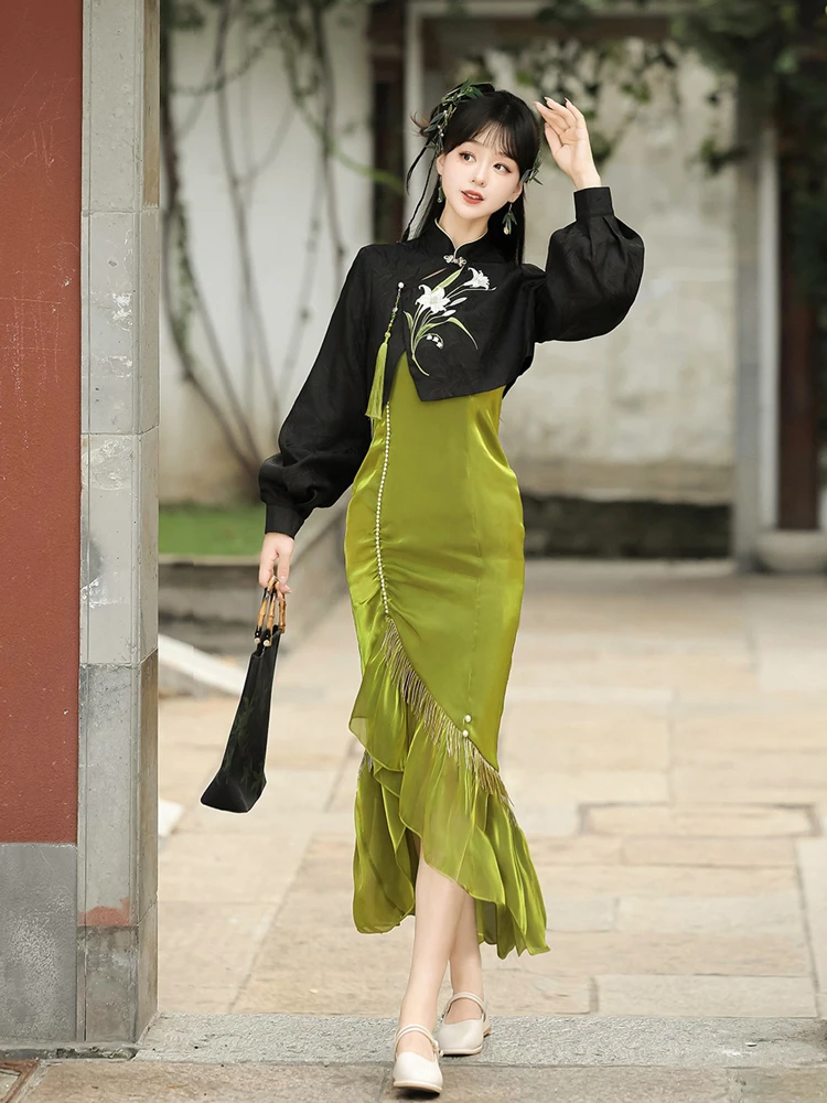 Women Autumn Qipao Dresses Daily Vintage Fishtail Dresses 