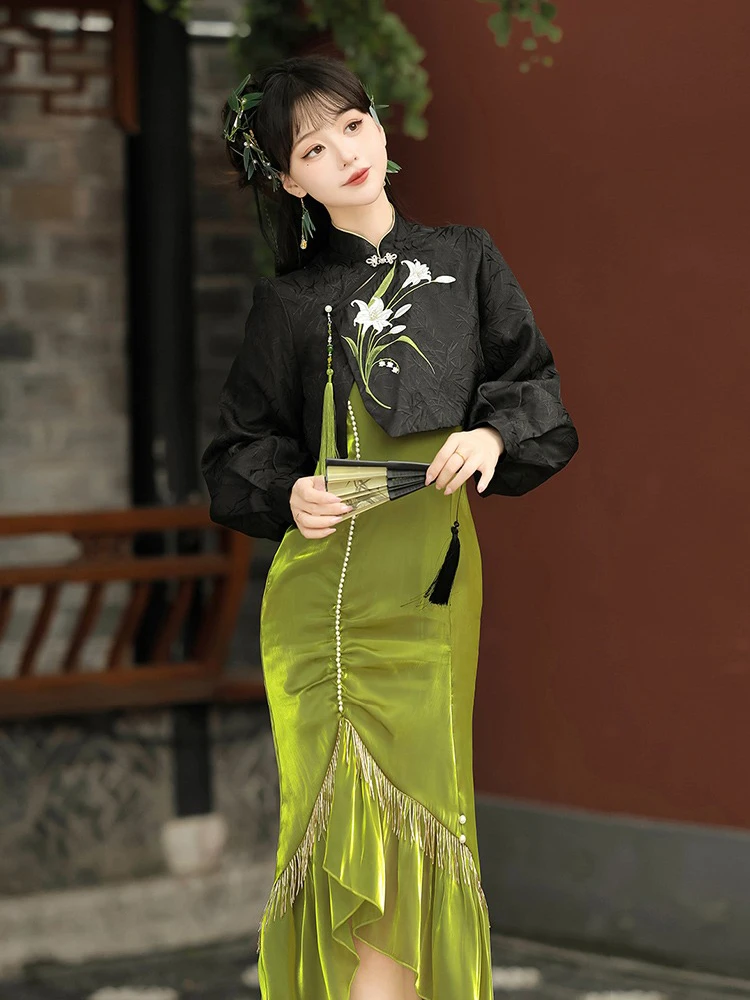 Women Autumn Qipao Dresses Daily Vintage Fishtail Dresses 