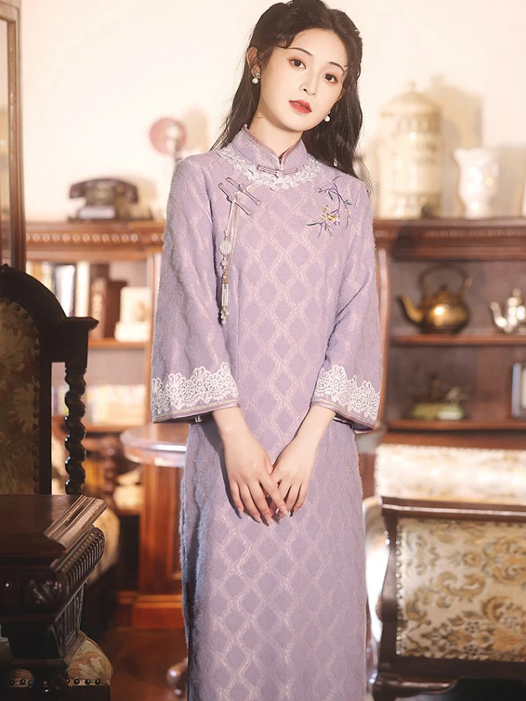 Classical Cheongsam Ladies Winter Long Sleeve Qipao Purple Style