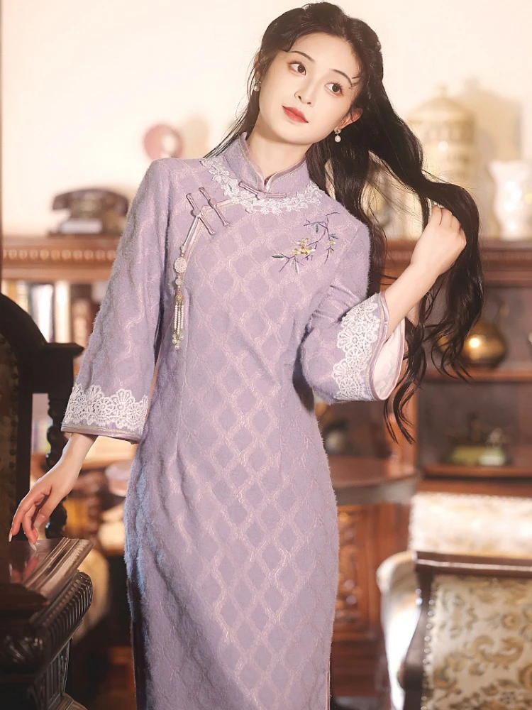 Classical Cheongsam Ladies Winter Long Sleeve Qipao Purple Style