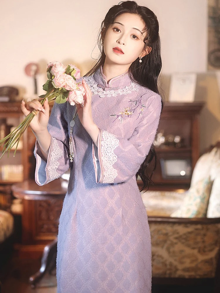 Classical Cheongsam Ladies Winter Long Sleeve Qipao Purple Style