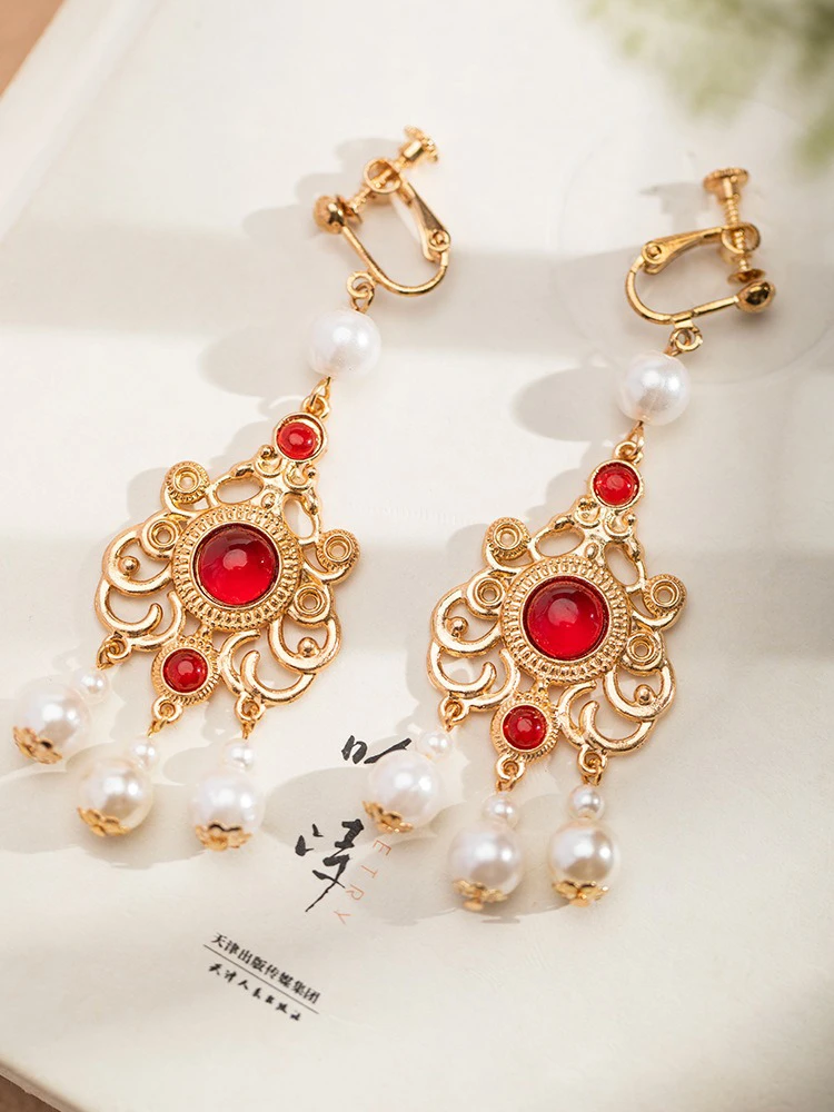 Dunhuang Style Earrings Vintage Red Hanfu Accessories