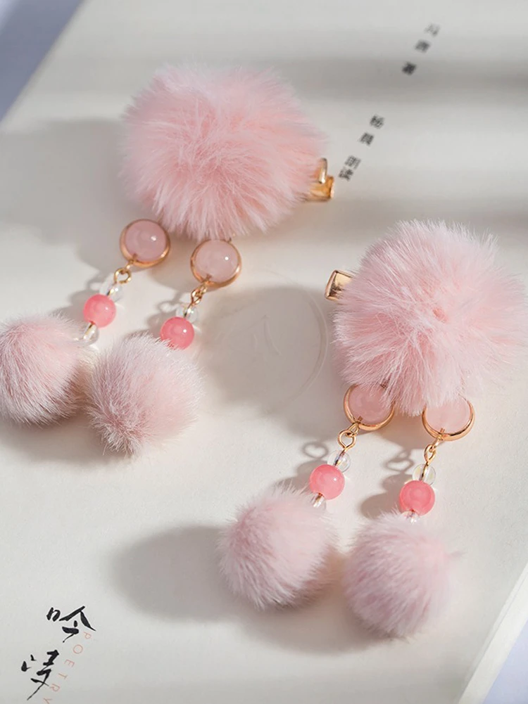 Pink Plush Cute Kids Hanfu Hair Clip Han Element